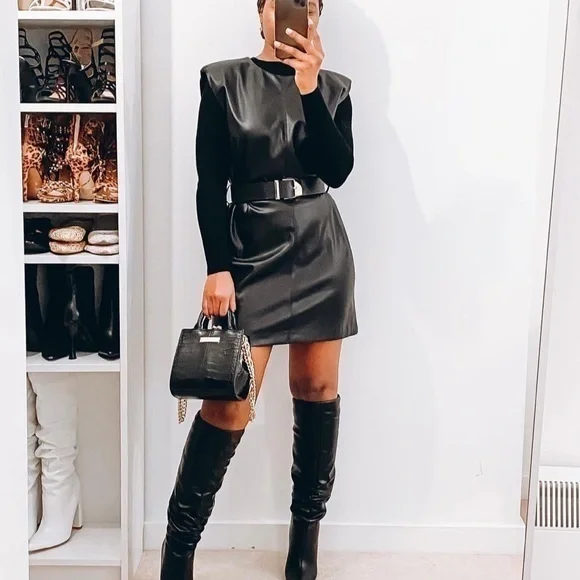 Zara | Dresses | Zara Shoulder Pad Faux Leather Belted Dress 8372245 |  Poshmark